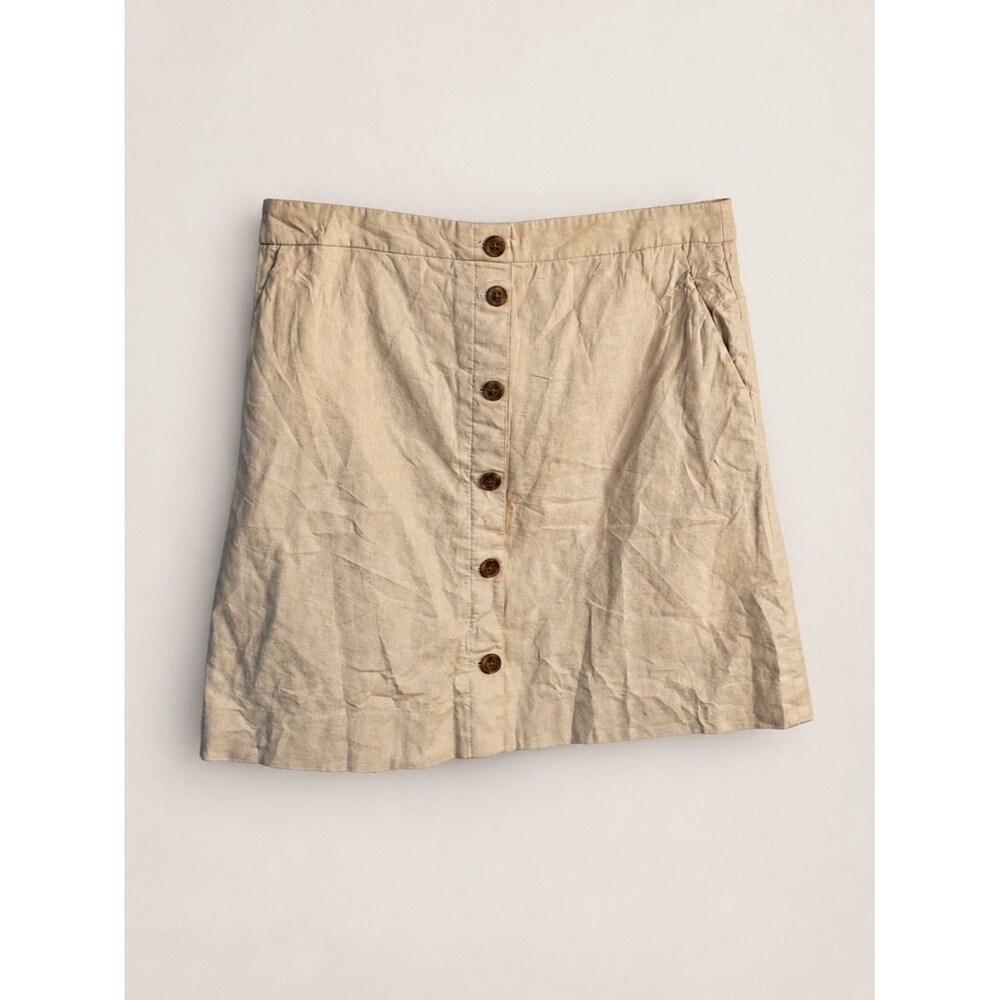 J.Crew Button Front Mini Skirt Tan Beige Women’s Size 12 Linen Blend Preppy Fit